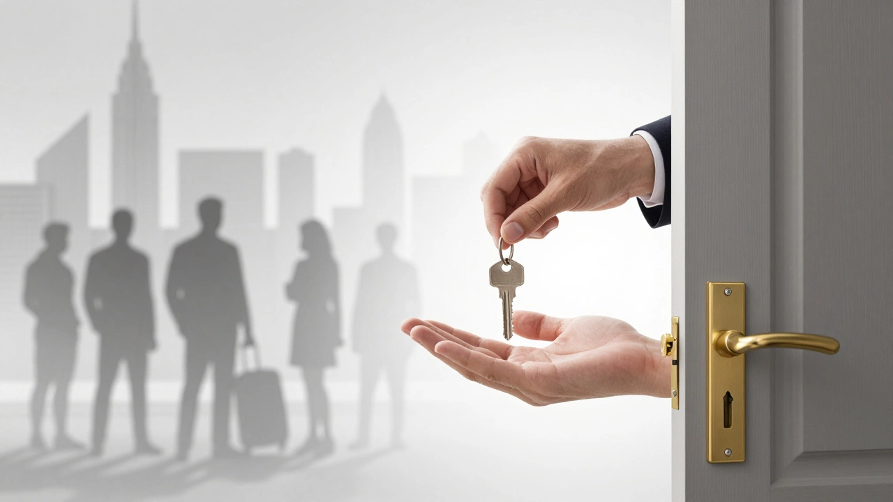 A hand offering a key to a locked door, surrounded by blurred figures symbolizing discreet companionship in Dubai.