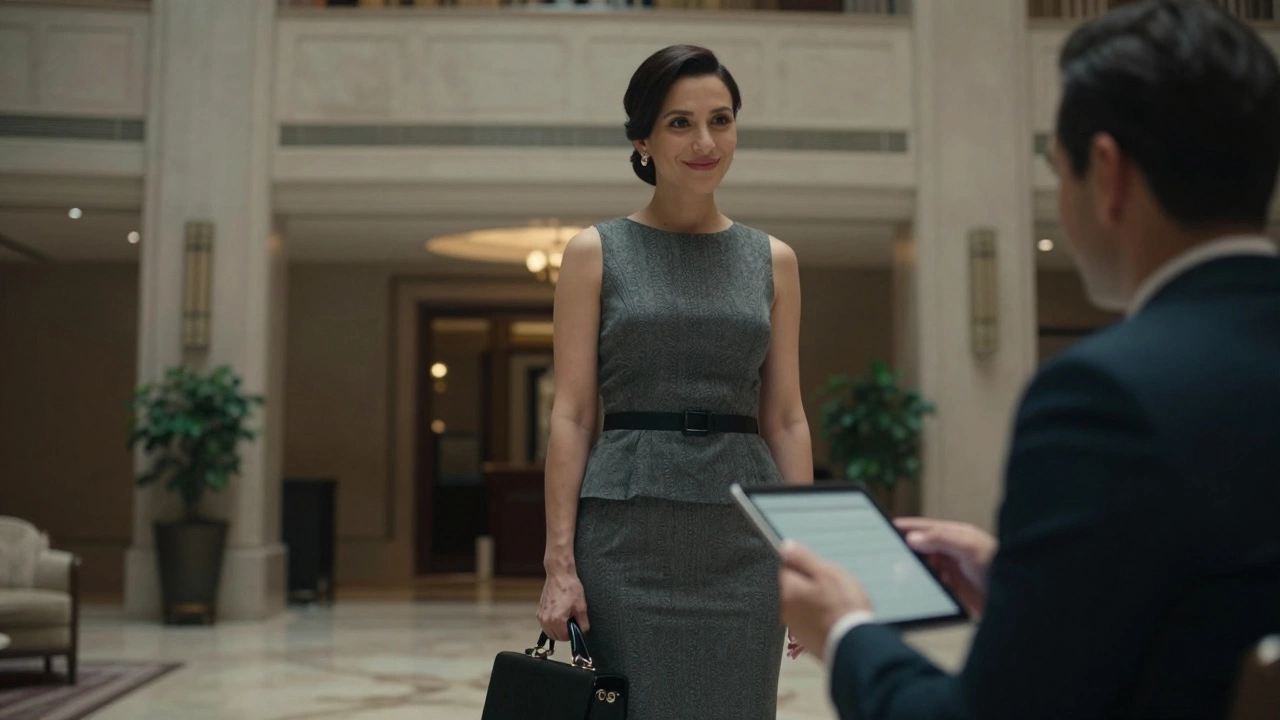 A professionally dressed woman in a hotel lobby engaging respectfully with a client, no physical contact.