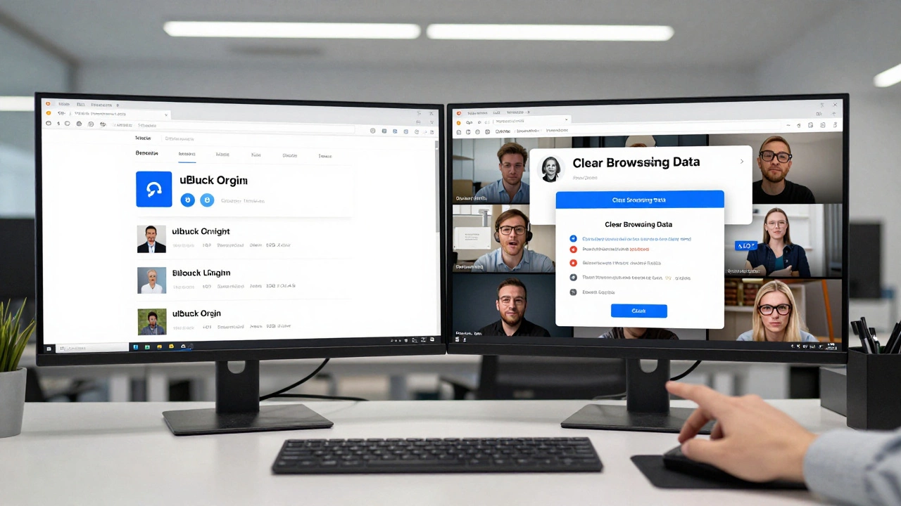 Computer screen split between a clean, ad-free browser and one overwhelmed by pop-ups and fake system warnings.