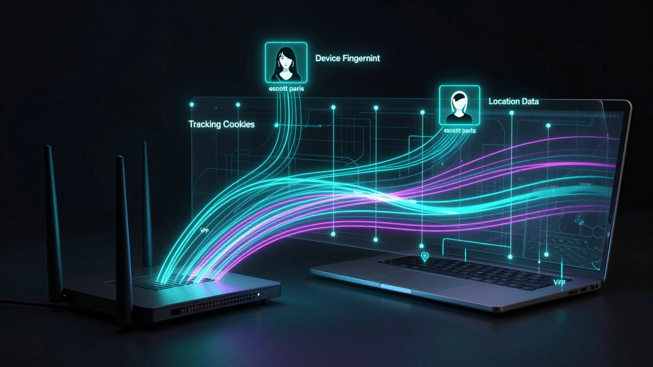 Digital network visualization showing data streams from devices to ad networks, with a VPN blocking invasive tracking.